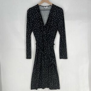 Leota Black White Speckled Print Stretch Jersey Long Sleeve Midi Wrap Dress L